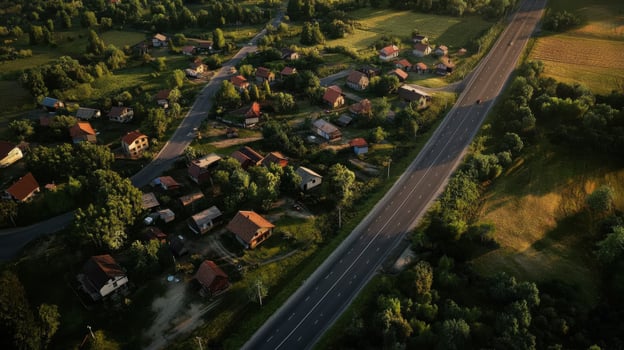 Aerial view of small town near new highway photo
