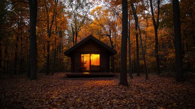 small wooden cabin glowing warmly in autumn foliage photo