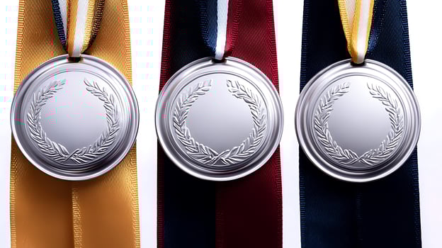 Three silver medals hanging from colorful ribbons, showcasing achievements in a competitive event photo