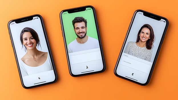 Three smartphones displaying smiling individuals against a vibrant orange background photo