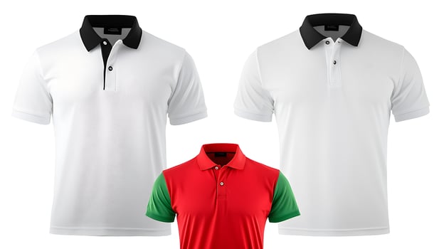 Three stylish polo shirts in white, black, and red with green accents displayed on a neutral background photo