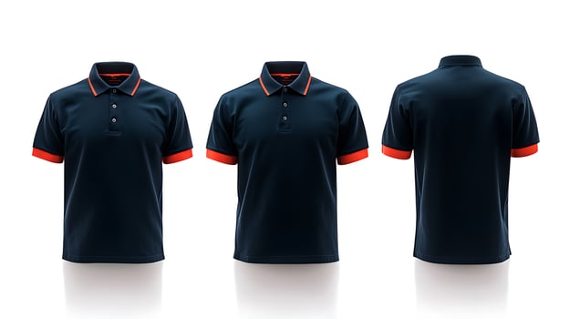 Three views of a navy blue polo shirt with contrasting red sleeves against a white backdrop photo