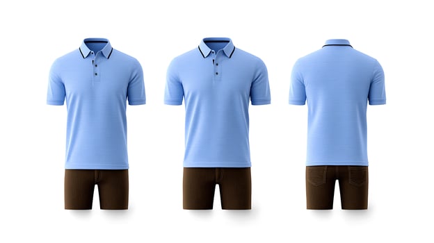 Three views of a light blue polo shirt displayed on a mannequin, showcasing its design details photo