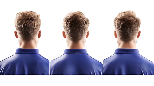 Three young men with stylish haircuts wearing blue shirts, posing against a white background photo