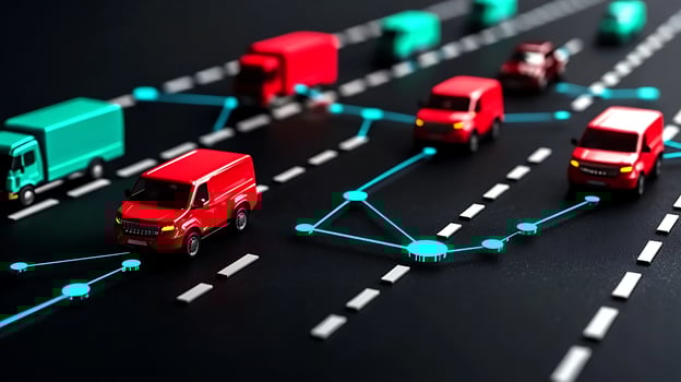 Toy vehicles navigating a futuristic road network with digital connections and traffic flow photo