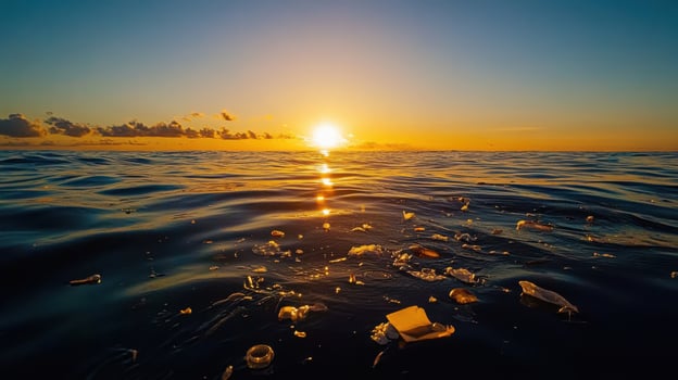 Sunset over ocean with floating debris and golden waters photo