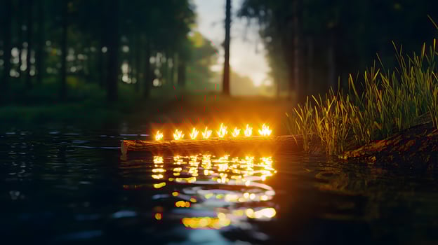 Tranquil forest scene at sunset with glowing candles on a log floating in serene water photo