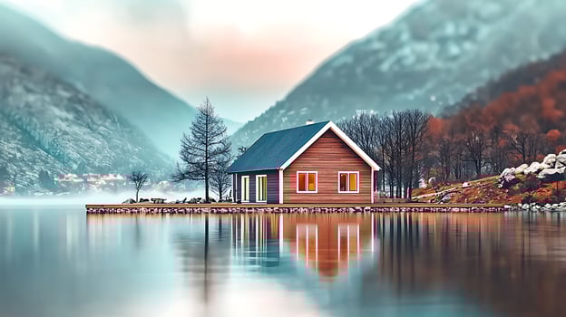 Tranquil lakeside cabin surrounded by misty mountains and autumn foliage reflecting on water photo