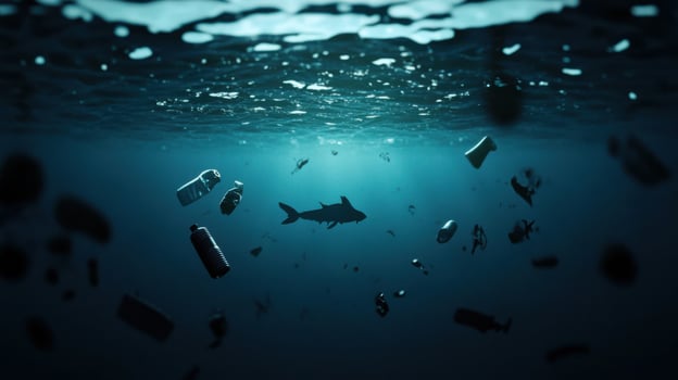 vast ocean filled with floating plastic waste and shark photo
