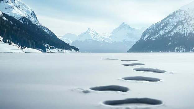 Tranquil winter landscape with footprints leading across a frozen lake surrounded by mountains photo