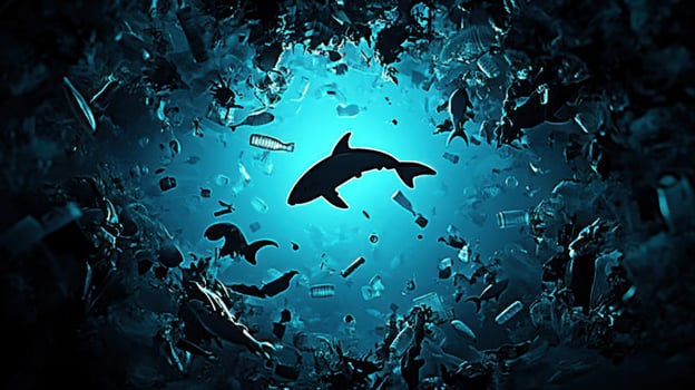 dark ocean scene with sharks swimming through plastic waste photo
