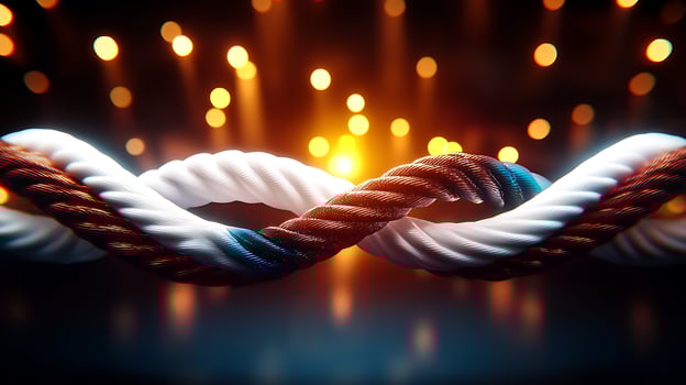 Twisted ropes illuminated by vibrant bokeh lights creating a dynamic visual effect photo
