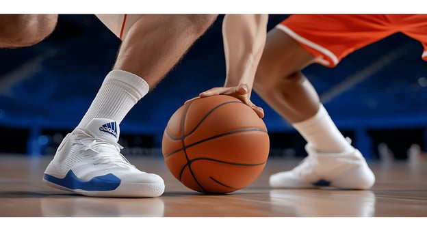 Two basketball players in dynamic action on court, focused on ball, with audience in background photo