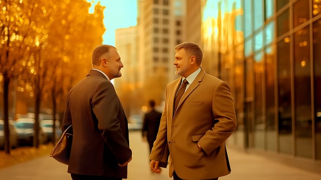 Two business professionals engaged in conversation on a city street during autumn sunset photo
