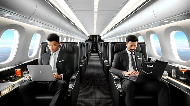 Two business professionals working on laptops in a luxury airplane cabin with scenic views photo