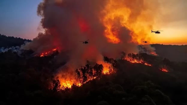 A helicopter flies over a forest fire in the sky photo