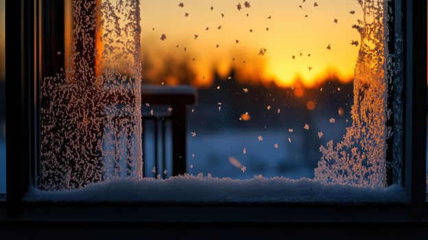 winter morning with frost on window and snow outside photo