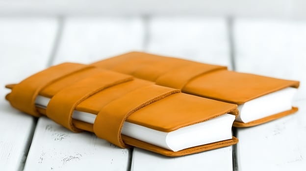 Two elegant leather-bound notebooks arranged neatly on a rustic wooden surface photo