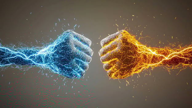 Two electrified fists clashing in a dynamic display of energy and motion against a neutral background photo