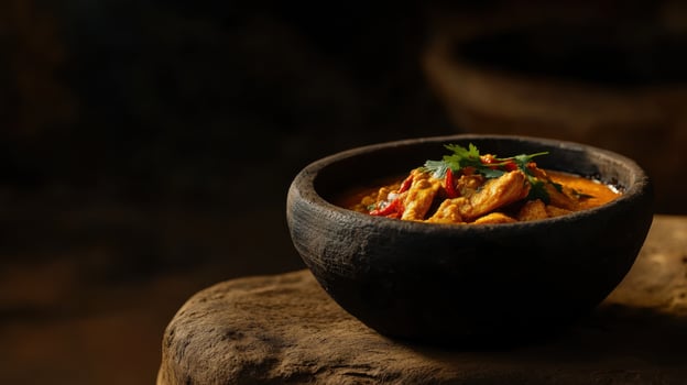 African peanut butter curry with chicken in rustic bowl photo