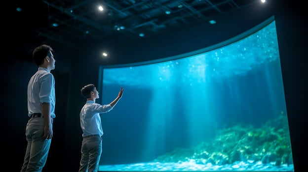 Two individuals interacting with a large immersive underwater display in a darkened room photo