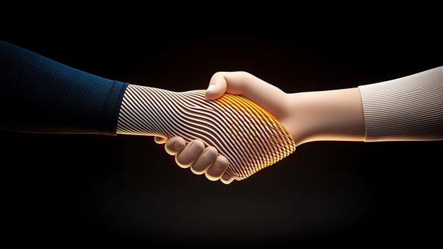 Two stylized hands shaking, symbolizing partnership and collaboration against a dark backdrop photo