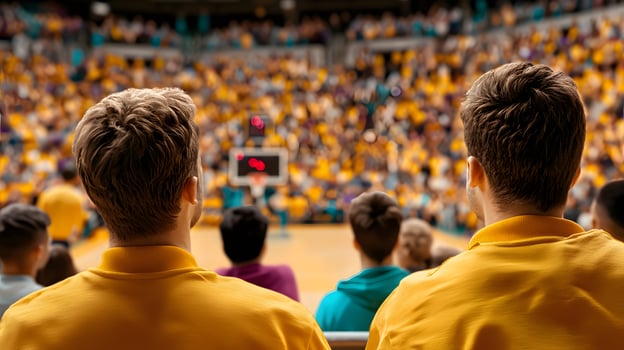 Two spectators in yellow shirts watch an exciting basketball game in a packed arena photo