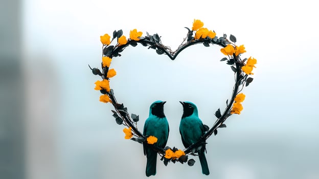 Two vibrant birds perched within a floral heart-shaped frame against a soft, blurred background photo