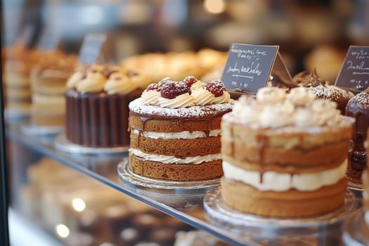 Delicious cakes with berries and cream displayed in bakery window photo