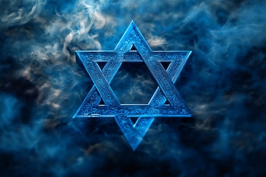 Blue Star of David glowing in smoke on dark background photo