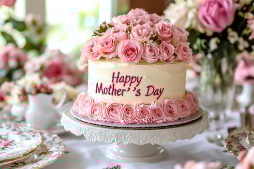 Cake decorated with pink roses celebrating Mother's Day photo