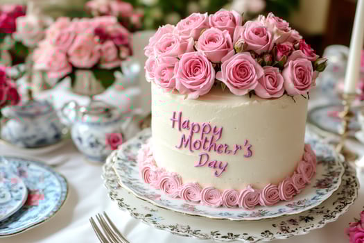 Delicious mother's day cake with pink roses decorating a festive table photo