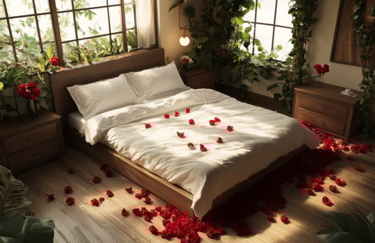 Unmade bed with white sheets and red roses scattered photo