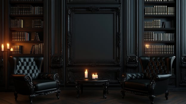 Dark gothic library with black leather chairs and candles photo