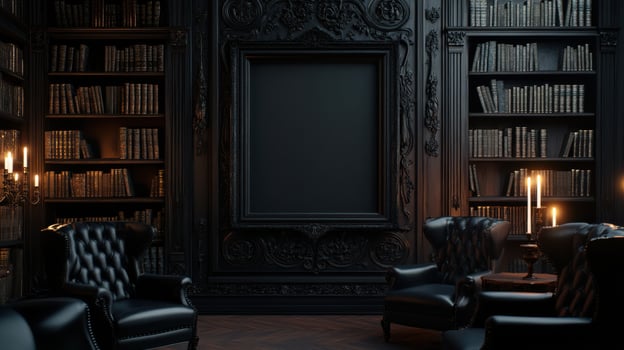 A dark room with black furniture and a large bookcase photo