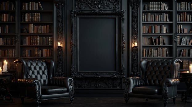 Black library with two chairs and a fireplace photo
