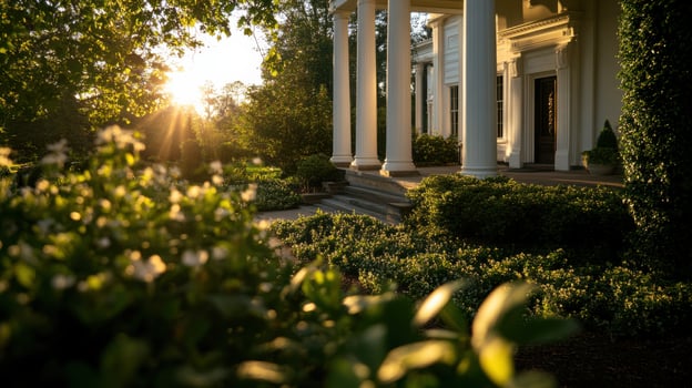 Elegant mansion with white columns and lush greenery at sunset photo