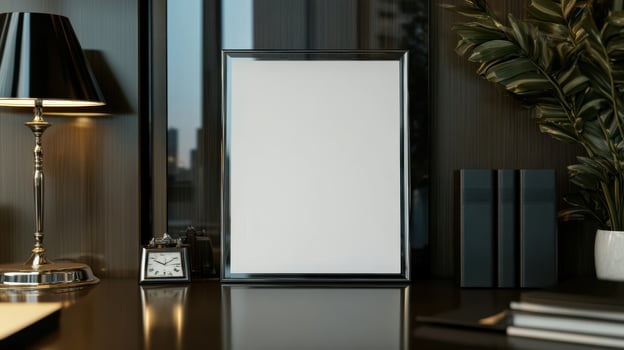 A desk with a lamp, a lamp and a framed picture photo