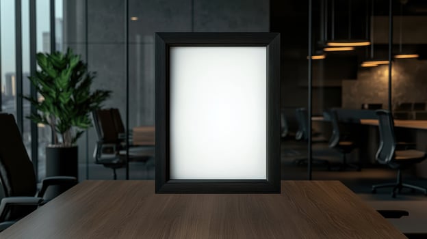 Empty picture frame on wooden table in modern office photo