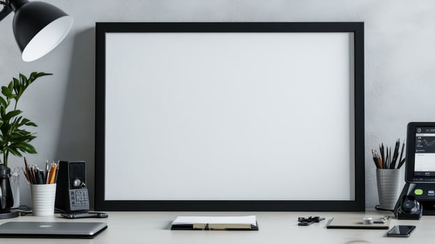 A desk with a black framed picture on it photo