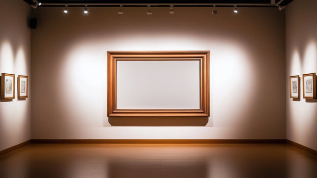 An empty room with a large frame and framed paintings photo