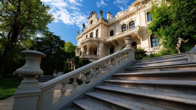 Majestic palace with intricate stone details and lush greenery photo