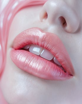 A close up of a woman's lips with pink hair photo