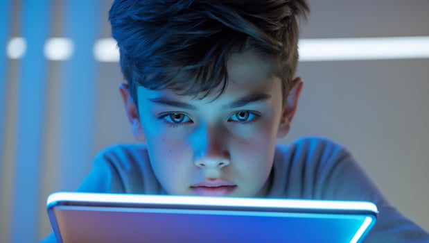 Teen Focused on Tablet Neon Blue Urban Digital Education photo