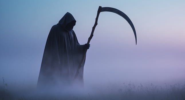 Cloaked Figure with Scythe in Mysterious Foggy Field at Twilight photo