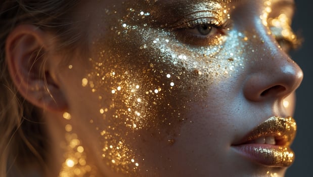Stunning and captivating Golden Glitter Makeup CloseUp for a truly mesmerizing experience. photo
