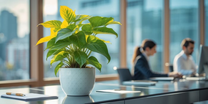 Yellow and green plant in modern office near window. photo