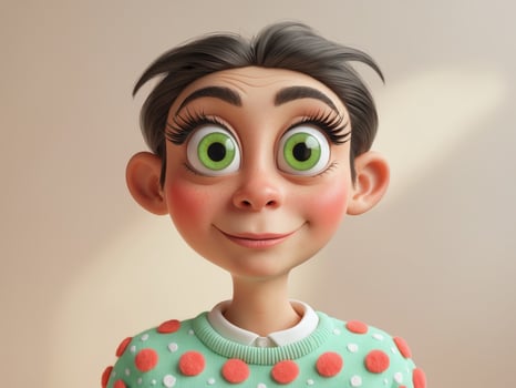 A Surprised Character Featuring Distinctive Green Eyes and a Fun Polka Dot Sweater Design. photo