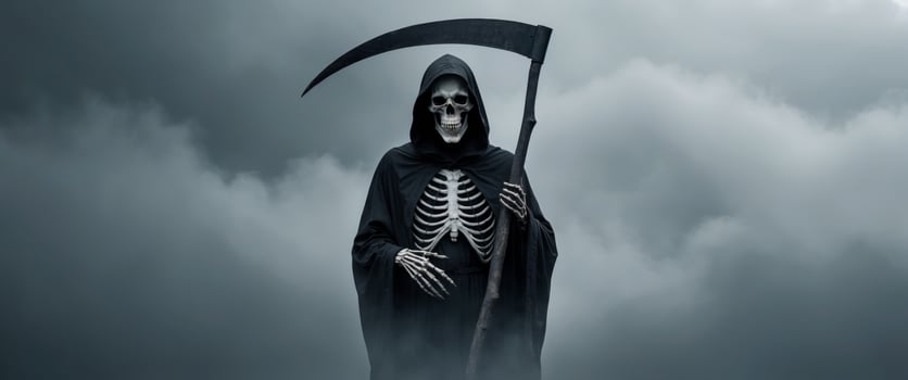 Silhouette of Grim Reaper over dark gray background with copy space. photo