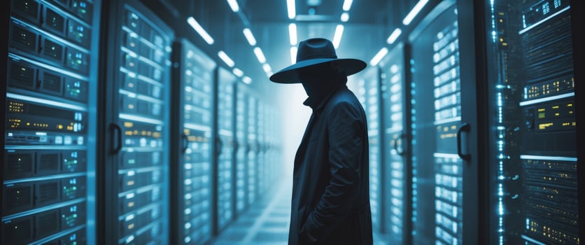 Mysterious Figure with Hat in Data Center Illuminated by Blue Light photo